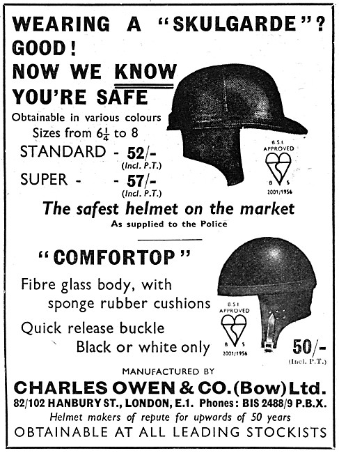 1958 Owens Skulgarde Motor Cycle Helmets - Owen Comfortop Helmet 