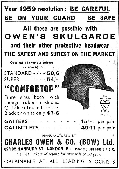 1959 Owens Comfortop Crash Helmets                               