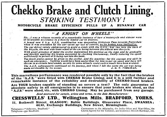 Chekko Brake & Clutch Linings 1920 Advert                        