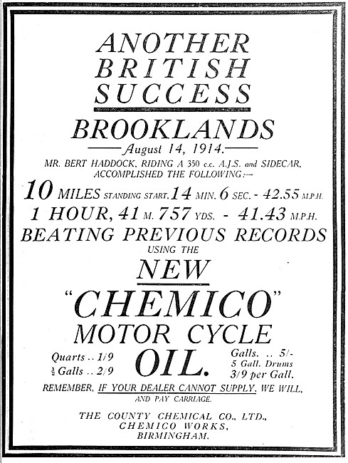 Chemico Motor Cycle Oil 1914 Advert                              