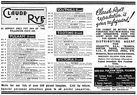 Claude Rye Motorcycle Dealership 1937 Advert                     