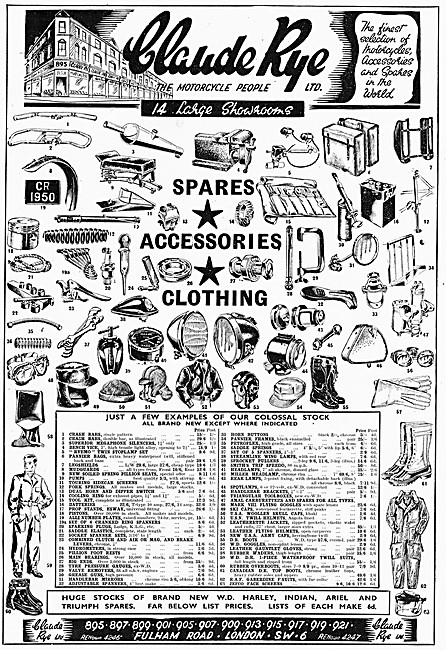 Claude Rye Motorcycle Spares & Accessories 1950 Advert           