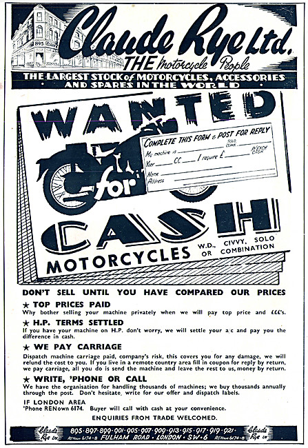 Claude Rye Will Buy Your Motor Cycles For Cash                   
