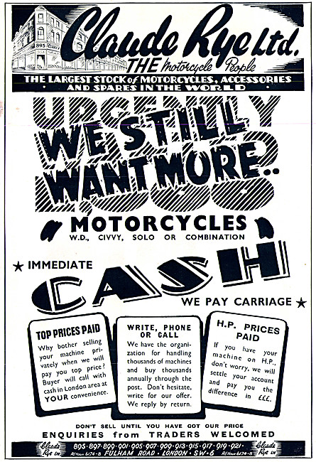 Claude Rye Motor Cycle Sales. Fulhan Rd, London S.W.6            