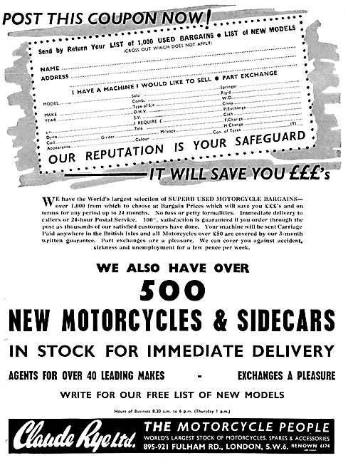 Claude Rye  Motor Cycle Sales & Service                          