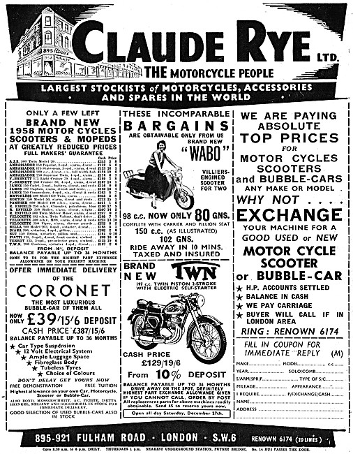 Claude Rye Wabo 98 cc Motor Scooter Sales - Claude Rye TWN 197 cc