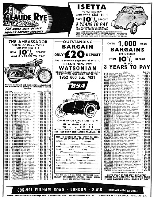 Claude Rye Motorcycle Dealership : Watsonian Sidecars            