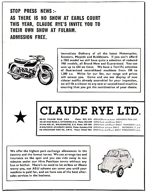 Claude Rye Motor Cycle & Bubble Car Sales                        