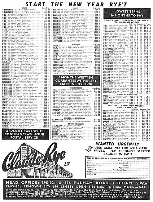 Claude Rye Motorcycle Sales 1964 Advert                          