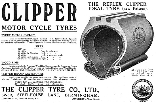 Clipper Motor Cycle Tyres - Clipper Reflex Tyres 1914            