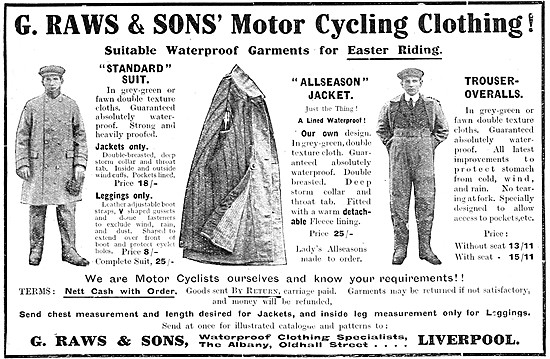 Raws Motor Cycling Weatherproof Clothing 1912 Styles             
