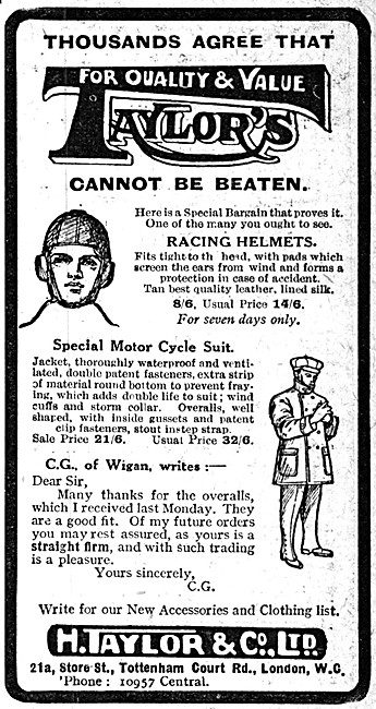 H.Taylor Motor Cycle Suits & Helmets 1913 Styles                 