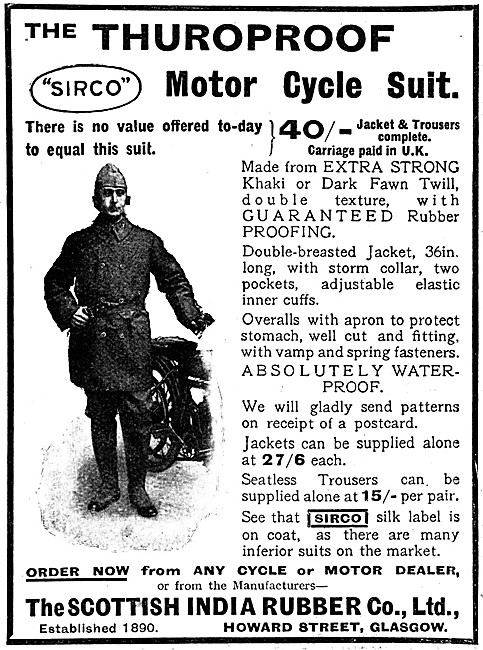 The SIRCO Thuroproof Motor Cycle Suit 1914 Style                 