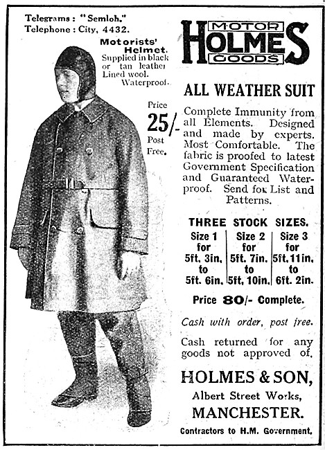 Holmes All Weather Motor Cycle Suits 1919                        