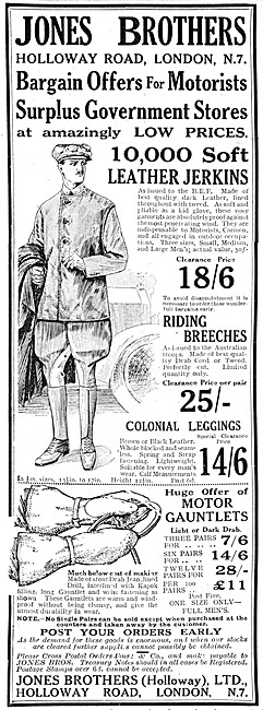 Jones Brothers Motor Cycle Wear 1920 Advert- Leather Coats       