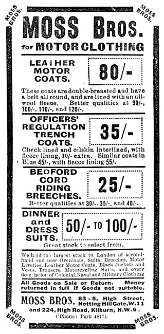 Moss Bros Motor Clothing 1923 Range                              