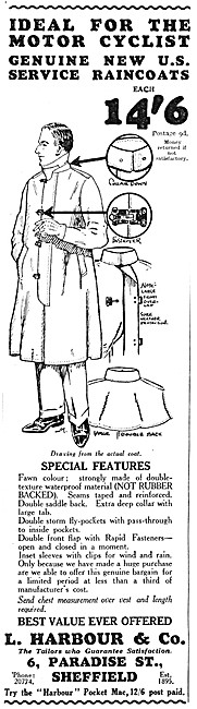 Harbour Motor Cycle Coats - Genuine U.S. Service Raincoats 1929  