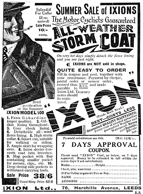 Ixion Motorcyclisats All Weather Storm Coat 1931 Style           