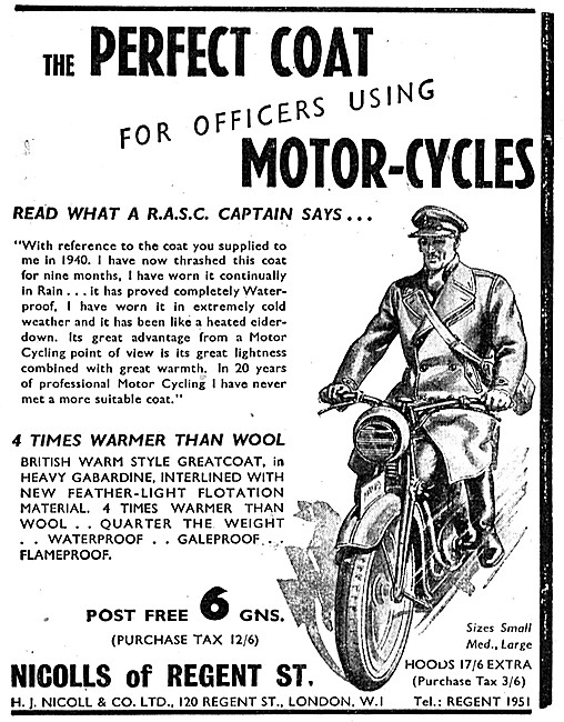 Nicolls Of Regent St Motor Cycle Coat For Officers 1942          
