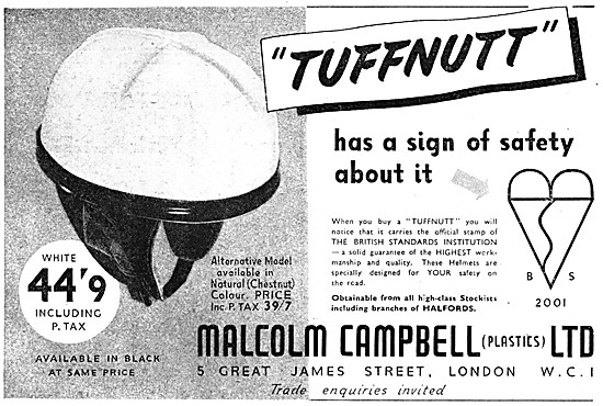 Malcolm Campbell Tuffnutt Motor Cycle Helmets 1954 Advert        