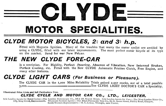 Clyde Motor Bicycles - Clyde Fore-Cars 1904 Advert               