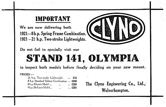 Clyno Motor Cycle Range For 1921                                 