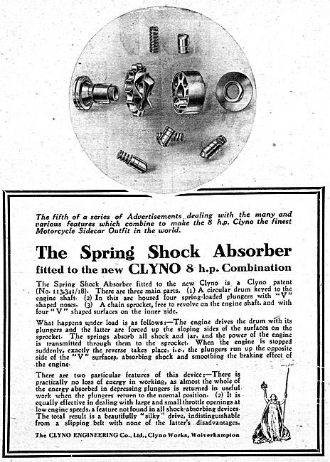 1920 Clyno 8hp Motor Cycle Advert Featuring Spring Shock Absorber