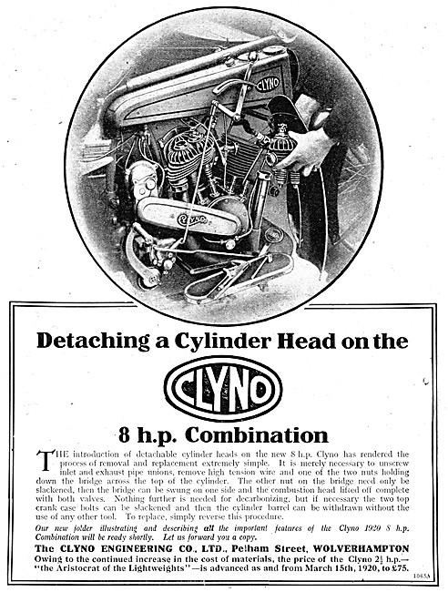 1920 Clyno Motor Cycle Advert Featuring The 8hp Cylinder Head    
