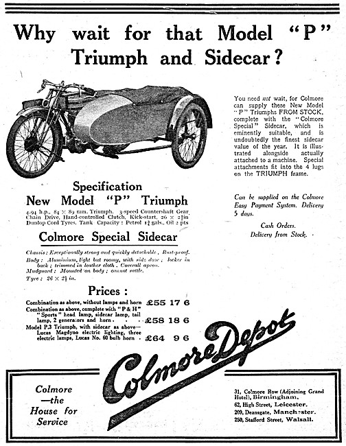 Colmore Depot Motor Cycle Sales - 1925 Model P Triumph           