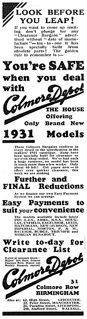 Colmore Depot Morocycle Sales. 31 Colmore Row, Birmingham 1931   