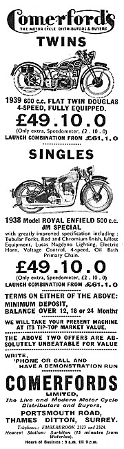 Comerfords Motor Cycle Sales 1938 Advert                         