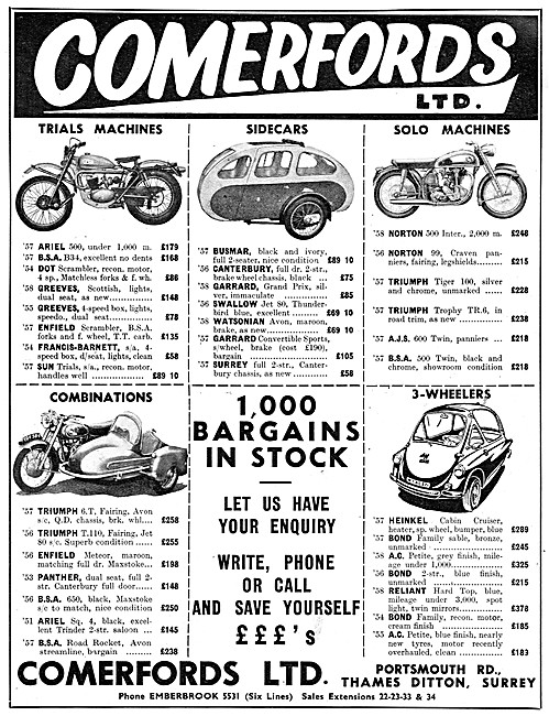 Comerfords Motor Cycle Sales 158 Advert                          