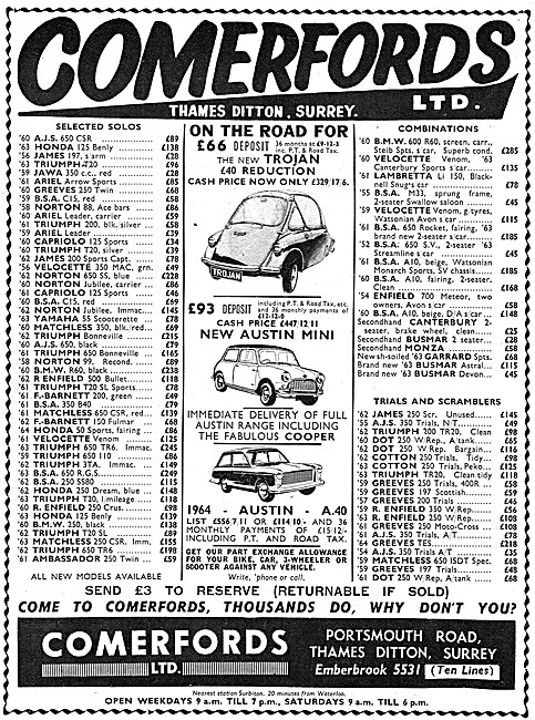 Comerfords Motor Cycle & Three Wheeler Car Sales 1964 Advert     