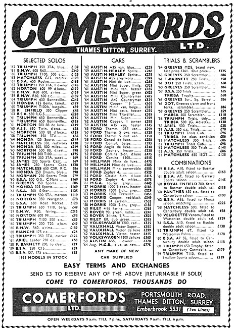 Comerfords Motor Cycle Sales1965 Advert                          