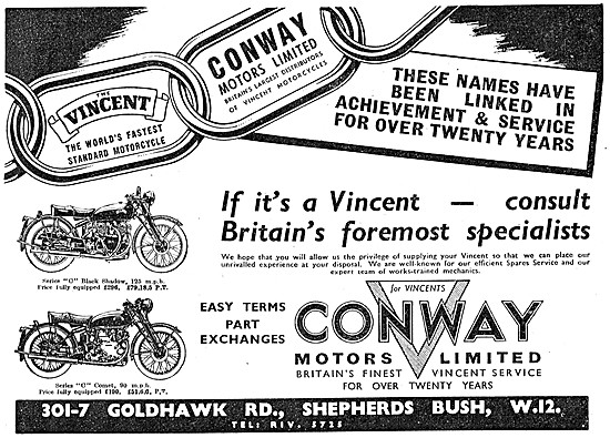 Conway Motors Vincent Motor Cycle Specialists 1950 Advert        