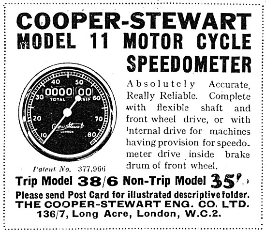 1934 Cooper-Stewart Model 11 Motor Cycle Speedometer             