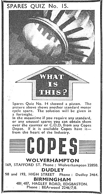 Copes Motor Cycle Sales & Parts. 1951 Advert                     