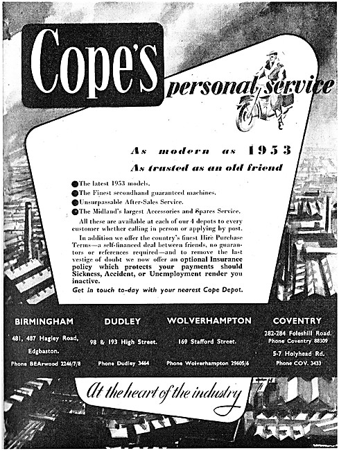 Copes Motor Cycle Sales 1952 Advert                              