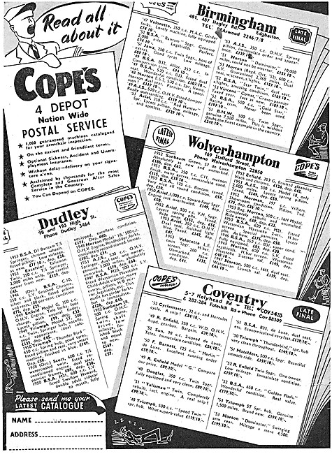 Copes Motor Cycle Sales 1953 Advert                              