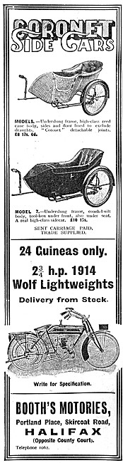 The 1913 Range Of Coronet Motor Cycle Sidecars - Boots Motories  