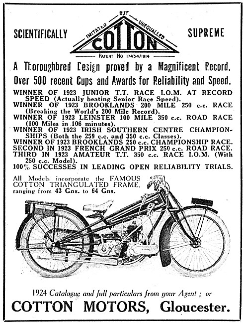 1923 Cotton T.T. Motor Cycles Advert                             