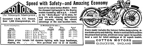 The 1934 Cotton Motor Cycle Range                                