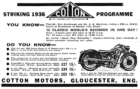1936 Cotton 250  OHV De Luxe Motor Cycle                         