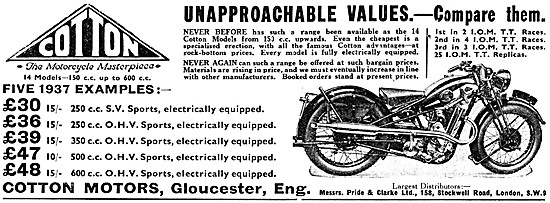 1937 Cotton Motor Cycle Range With Prices                        