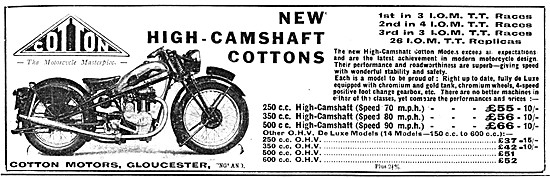 High Camshaft Cotton Motor Cycles 1938 Advert                    