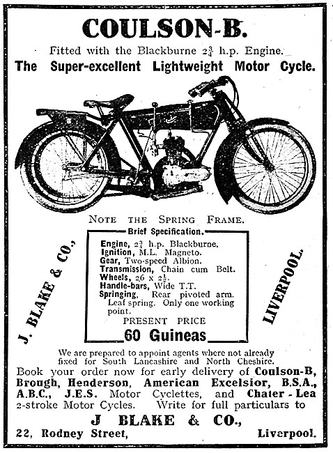 1919 Coulson- B Motorcycle - 2 3/4 h.p. 348 c.c. Blackburne      