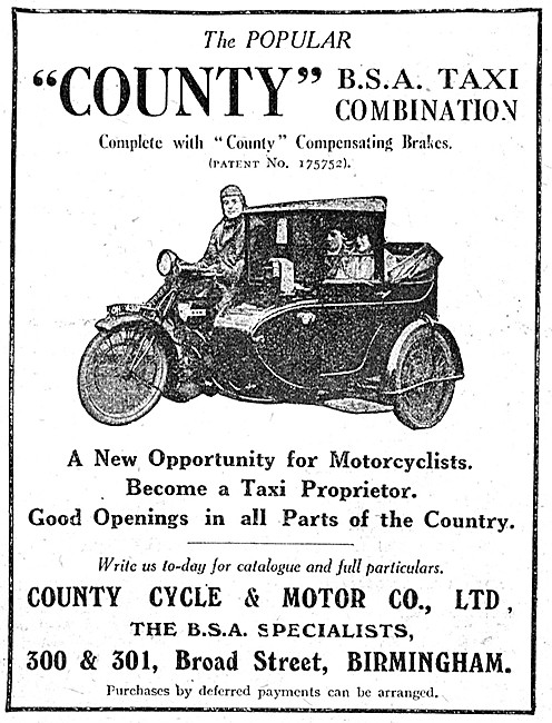 1923 County Motor Cyle Taxi Combinations - BSA Taxi Combinations 