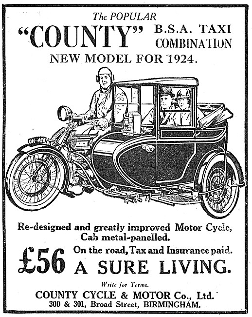 County Motor Cyle Taxi Combinations - 1923 BSA Taxi Combinations 