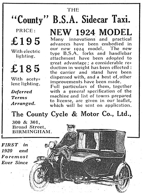1924 County BSA Motor Cyle Sidecar Taxi                          