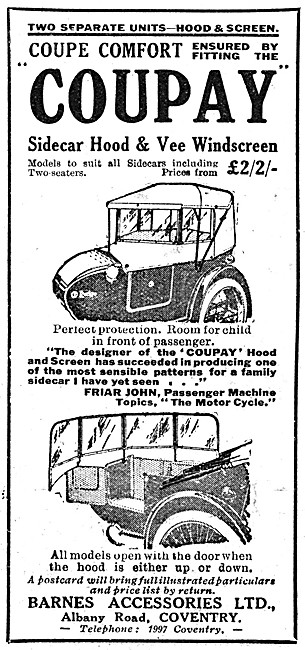 Barnes Coupay Sidecar Hoods & Windscreens 1923                   